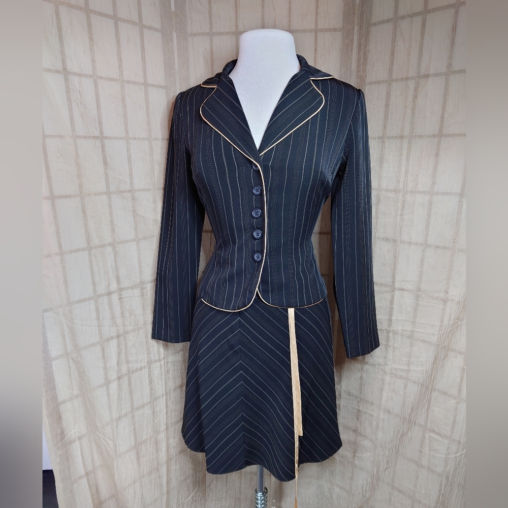 Y2K Snap Black Pinstripe Skirt Suit with Gold Accents